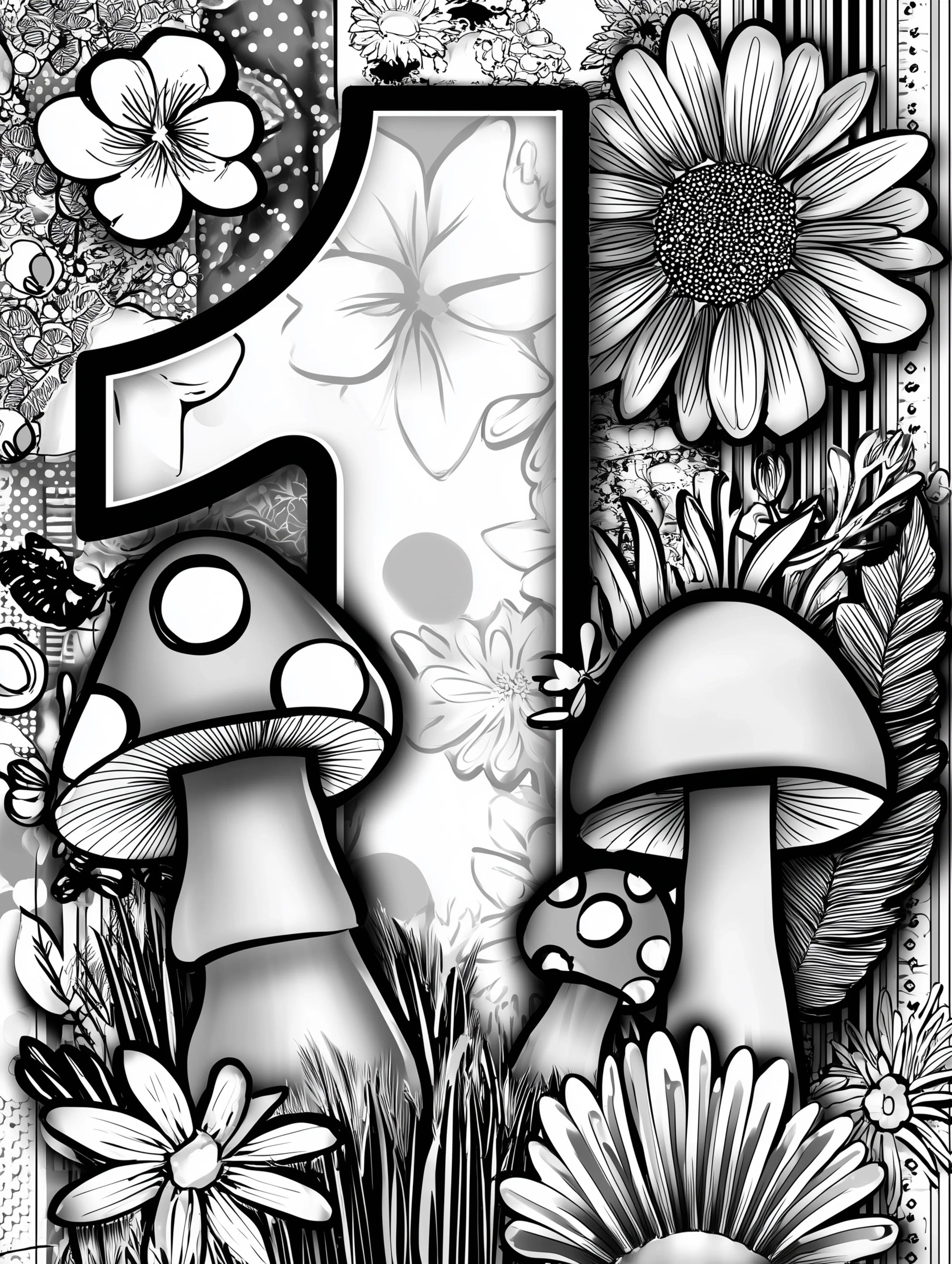 Free printable coloring page for numbers featuring the number one with mushrooms
